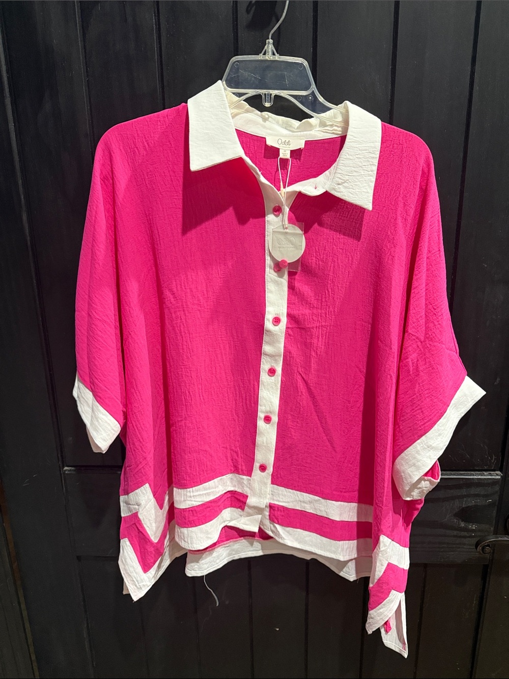 Women’s Bright Pink Button-Down Blouse with White Trim